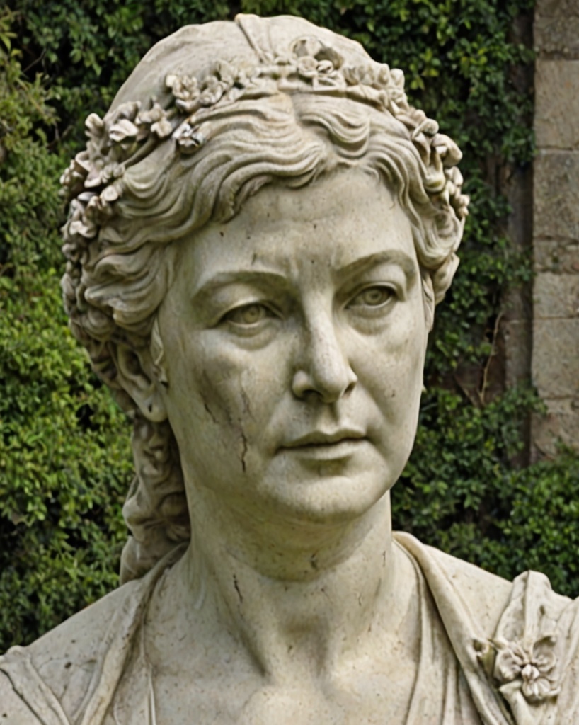 KI-Umwandlung des Porträtfotos der Referentin: klassizistische Steinbüste mit Blumenkranz vor grünem Hintergrund.