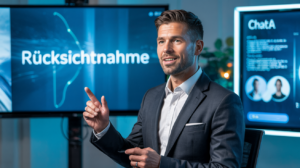 Auf dem Bild sieht man einen Mann in einem Anzug, der lächelnd vor zwei Bildschirmen sitzt