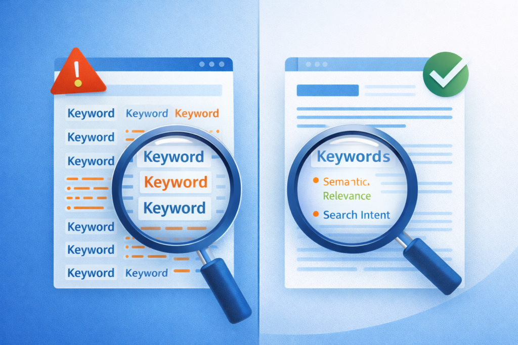 Infografik: Vergleich zwischen Keyword-Stuffing und natürlicher SEO-Optimierung mit Fokus auf Suchintention und semantische Relevanz.