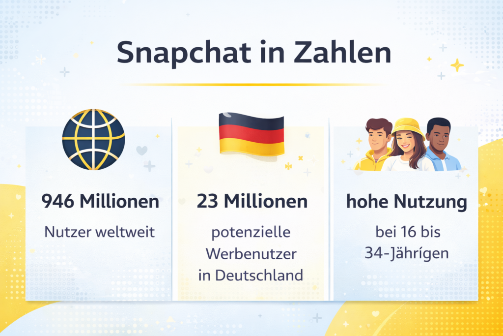 Infografik mit aktuellen Snapchat-Kennzahlen zu weltweiten Nutzern, potenziellen Werbenutzern in Deutschland und starker Nutzung bei 16- bis 34-Jährigen.