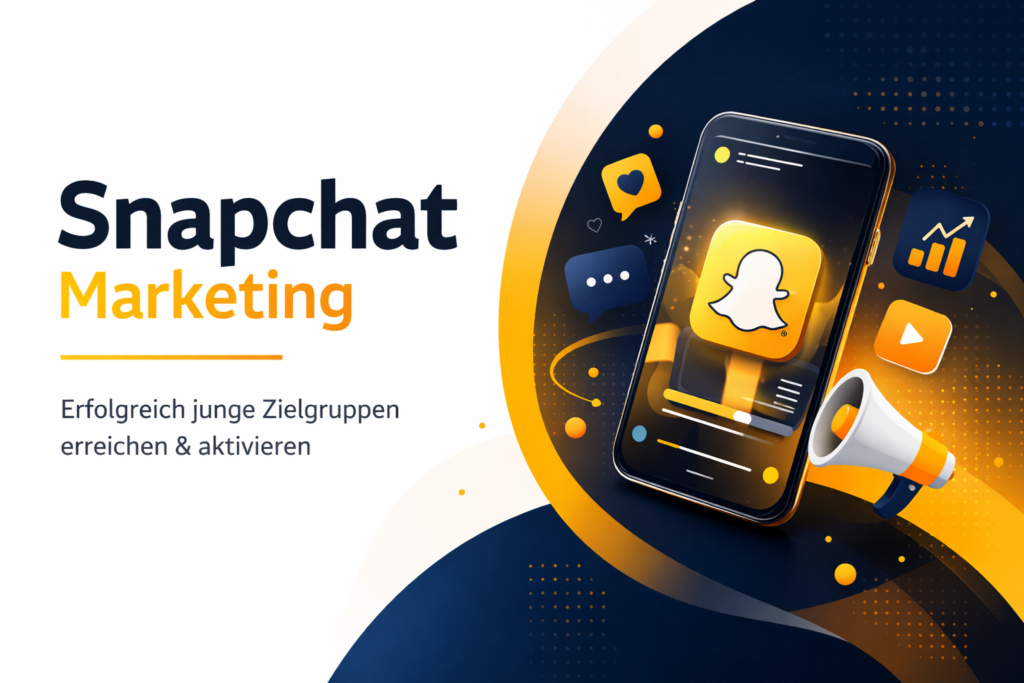 Hero-Banner zum Thema Snapchat-Marketing mit dunkelblauem Hintergrund, großem Schriftzug „Snapchat“ links und Smartphone-Illustration mit Social-Media-Symbolen in einem gelb-orangefarbenen Halbkreis rechts.