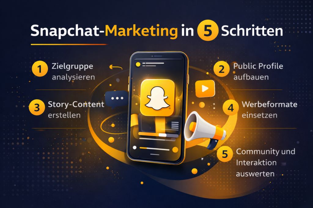 Infografik zum Snapchat-Marketing mit fünf Schritten von Zielgruppenanalyse über Public Profile und Story-Content bis zu Werbeformaten und Community-Interaktion.
