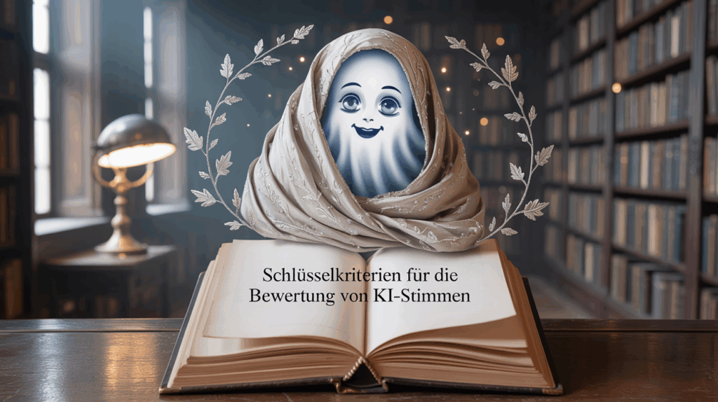 Die besten KI-Stimmen - 3.1 1 Das Bild zeigt ein offenes Buch auf einem hölzernen Tisch. Auf dem Buch thront ein freundlich lächelnder Geist, der in ein Tuch gehüllt ist. Im Hintergrund befindet sich eine Bibliothek mit vielen Büchern und eine Lampe. Der Text auf dem Buch lautet: "Schlüsselkriterien für die Bewertung von KI-Stimmen".