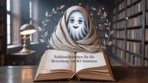 Das Bild zeigt ein offenes Buch auf einem hölzernen Tisch. Auf dem Buch thront ein freundlich lächelnder Geist, der in ein Tuch gehüllt ist. Im Hintergrund befindet sich eine Bibliothek mit vielen Büchern und eine Lampe. Der Text auf dem Buch lautet: "Schlüsselkriterien für die Bewertung von KI-Stimmen".