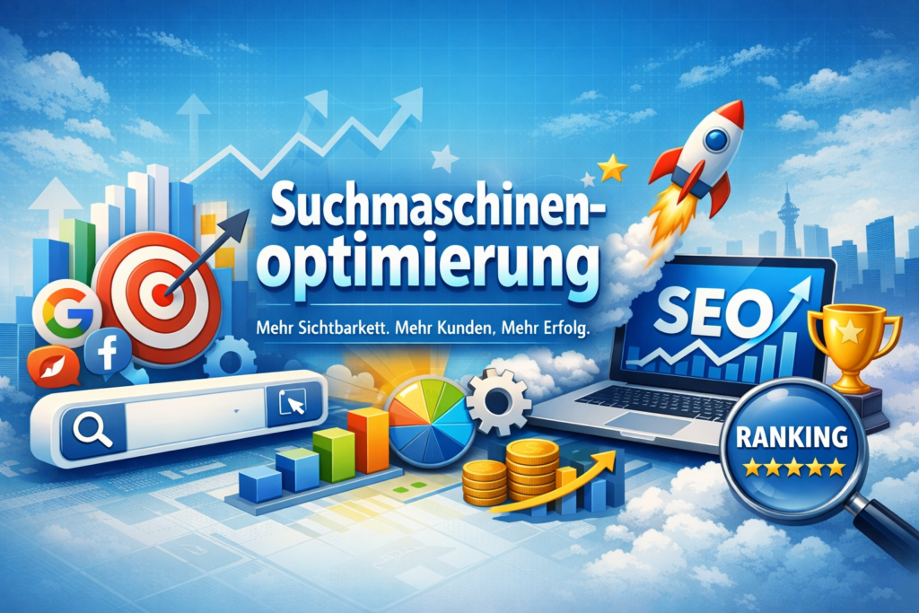 Hero-Banner zum Thema Suchmaschinenoptimierung mit Suchleiste, Diagrammen, Zielscheibe, Laptop mit SEO-Anzeige, Lupe und aufsteigenden Symbolen in Blau-Orange