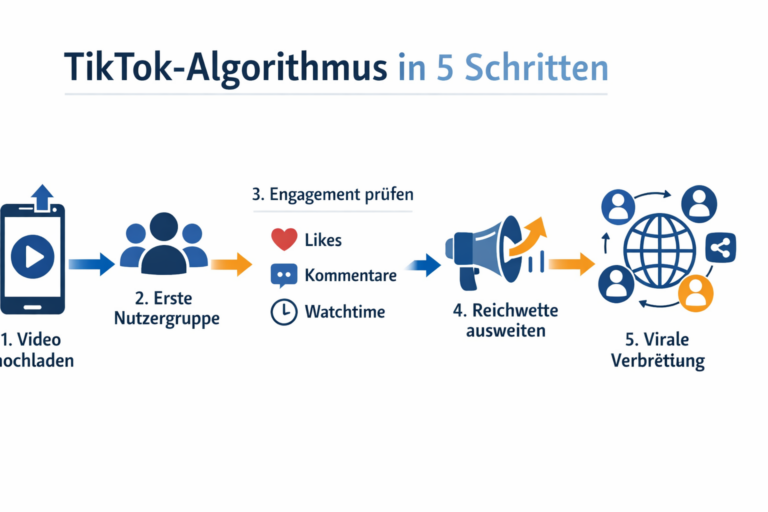 Infografik, die zeigt, wie der TikTok-Algorithmus Reichweite erzeugt. Der Ablauf umfasst fünf Schritte: Video hochladen, erste Nutzergruppe, Engagement messen, Reichweite erweitern und virale Verbreitung.