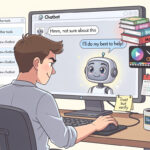 Person am Computer mit Chatbot auf dem Bildschirm und Notiz „Trust but verify“.