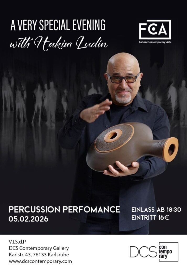 Plakat „A Very Special Evening with Hakim Ludin“: Musiker mit Handpan, Percussion Performance am 05.02.2026, Einlass ab 18:30, Eintritt 16 €, DCS Contemporary Gallery Karlsruhe.