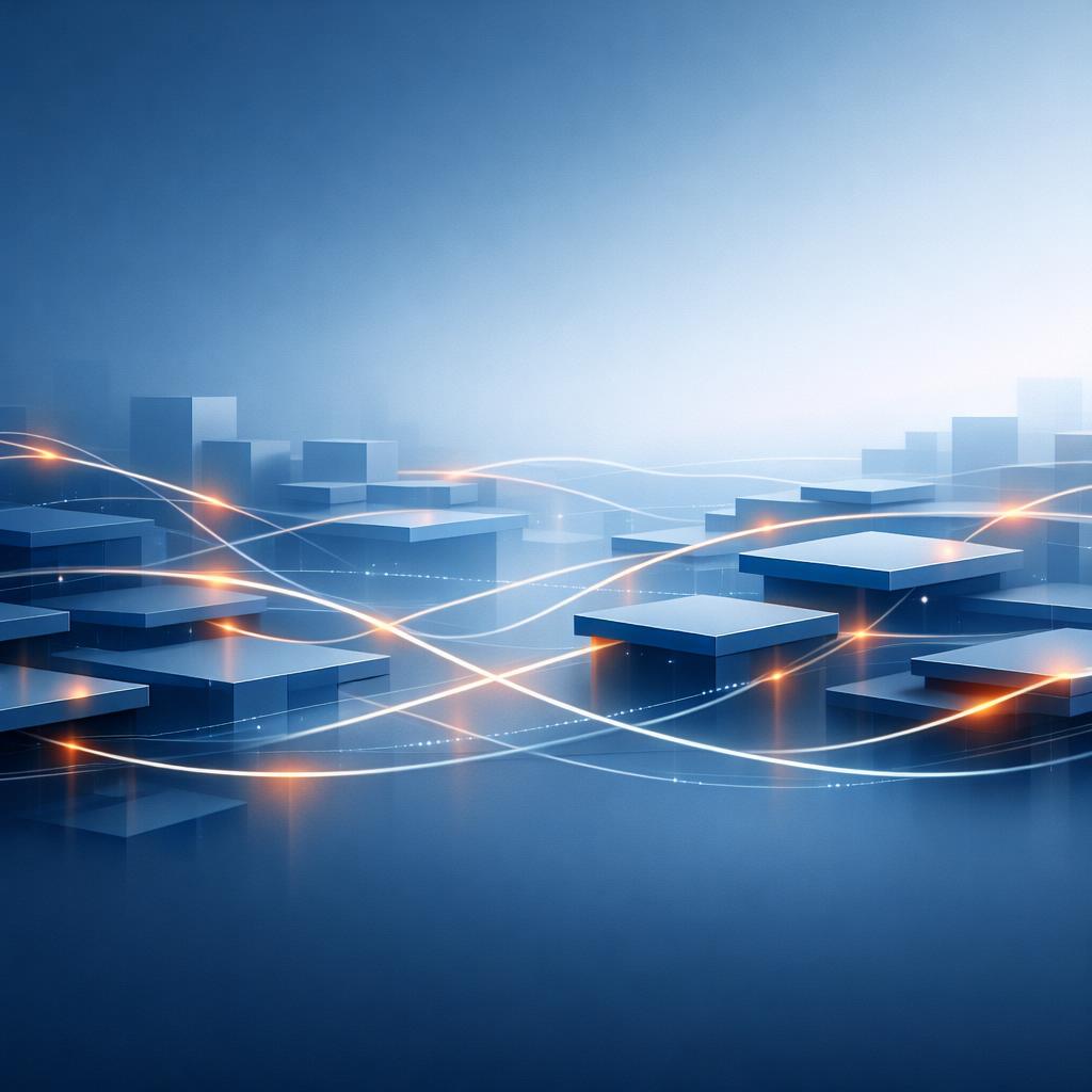 Abstrakte Darstellung vernetzter digitaler Plattformstrukturen als Symbol integrierter Business-Systeme und organisationaler Vernetzung.