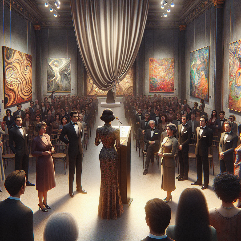 Die Atmosphäre schaffen: Die wesentliche Rolle von Einführungsvorträgen bei Vernissagen -3 1 Das Bild zeigt eine formelle Veranstaltung in einem Kunstmuseum. Eine Frau steht an einem Podium und spricht zu einem gut gekleideten Publikum, das auf Stühlen sitzt. Die Wände sind mit abstrakten Kunstwerken geschmückt. Die Atmosphäre ist elegant und kultiviert.