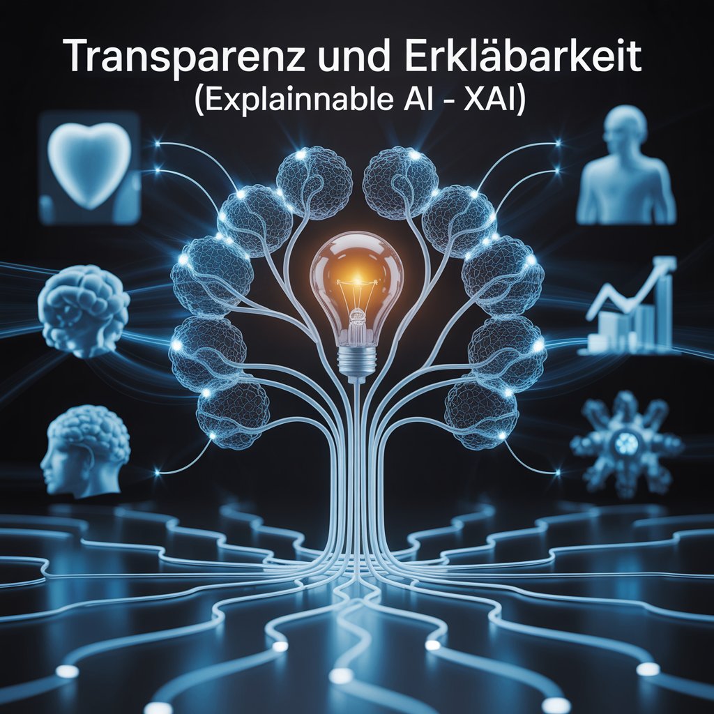 Grafik zur Transparenz und Erklärbarkeit in der KI (XAI): Leuchtender Glühbirnen-Baum aus neuronalen Strukturen, umgeben von Symbolen wie Gehirn, Herz, Mensch und Graphen auf dunklem Hintergrund.